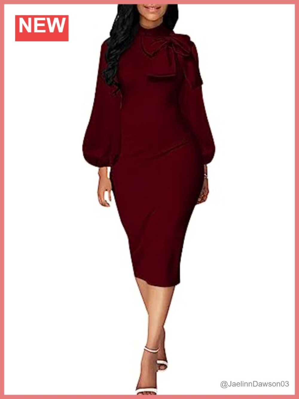 Bishop Sleeve Mock Neck Bodycon Midi Work Business Dress
